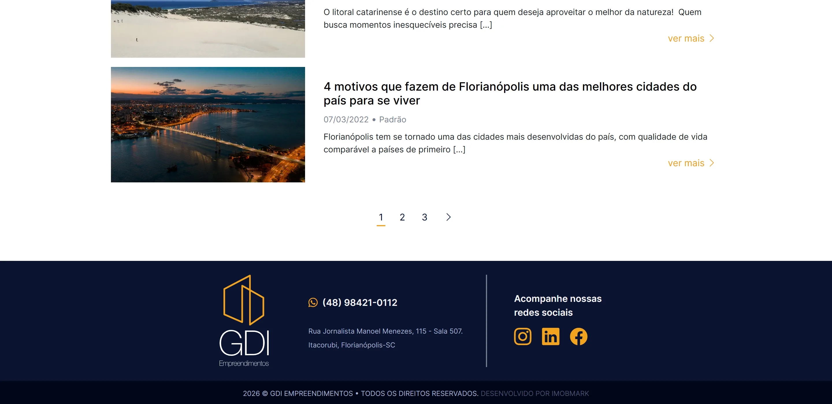 Fim da página do blog da GDI em desktop: os últimos artigos, a paginação e o rodapé com o logótipo, o contacto e as redes sociais.