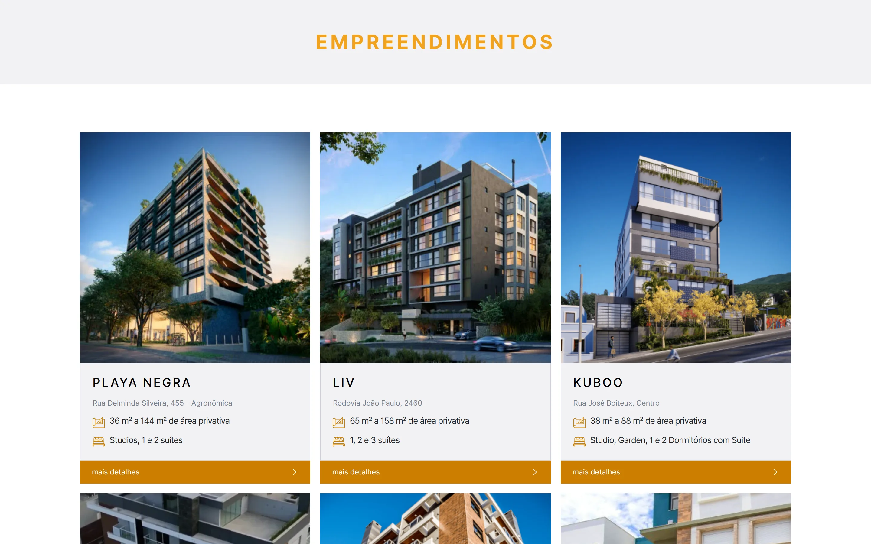 Página Empreendimentos do site da GDI em desktop: cartões do Playa Negra, LIV e Kuboo, cada um com fotografia, morada, áreas e tipologias.