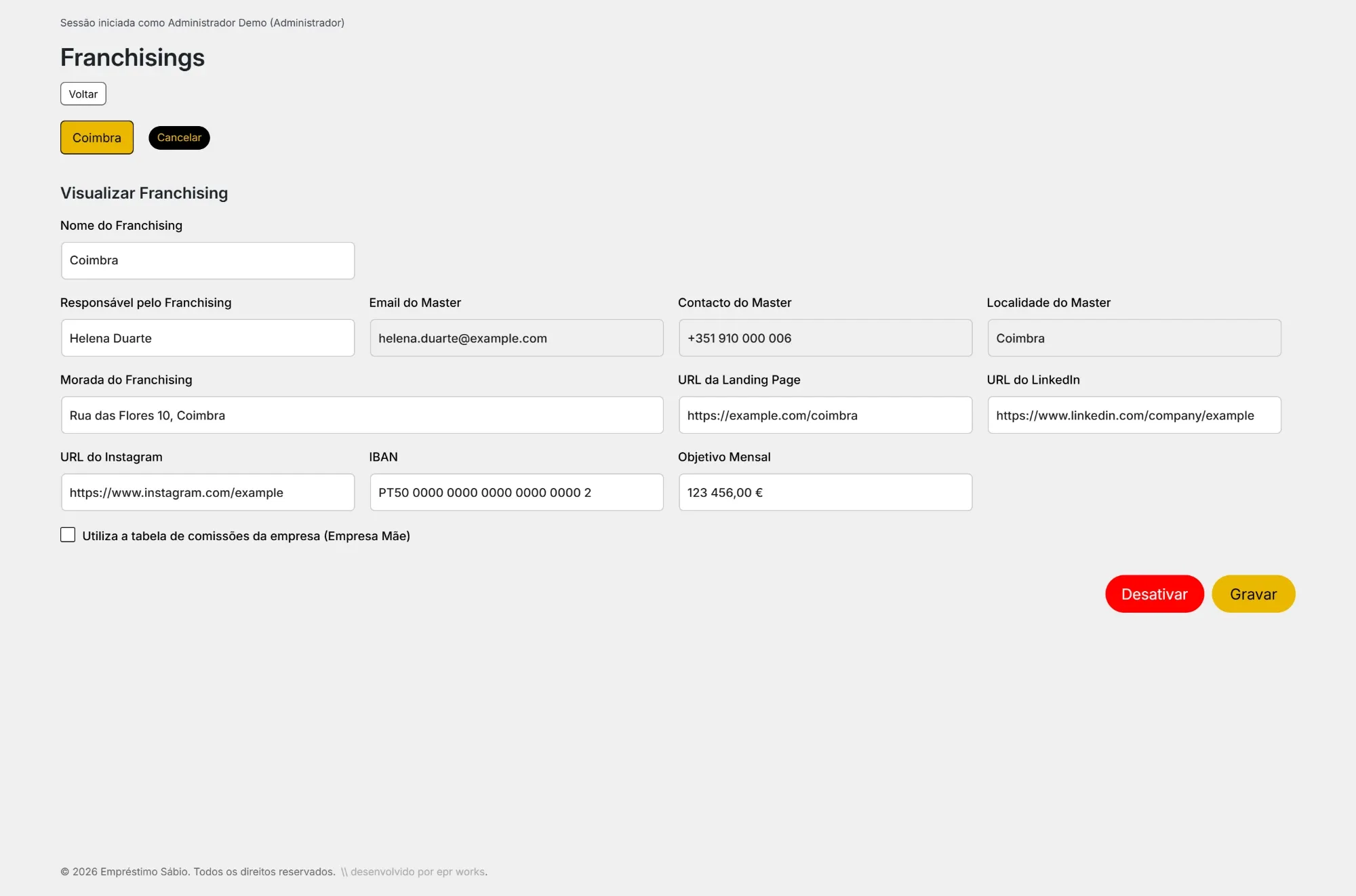 A ficha de um franchising: responsável, contactos do master, morada, endereços online, IBAN e objetivo mensal.
